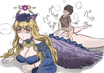 Rule 34 | 1boy, 1girl, ass, bottomless, breasts, chaos therese g (grimms notes), giant, giantess, grimms notes, halo, hetero, icwixw8r2yklop0, large breasts, nipples, purple wings, red eyes, sex, shaded face, wings