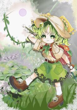 1girl :3 ahoge backpack bag binoculars brown_footwear brown_shirt budding_expeditioner_(pokemon) budding_expeditioner_(pokemon)_(cosplay) cosplay duel_monster full_body green_eyes green_hair green_pants highres holding holding_binoculars jungle lily_pad looking_at_viewer md_yoru nature nintendo outdoors pants plant pokemon pokemon_tcg pokemon_tcg_pocket red_bag pith_helmet shirt smile solo traptrix_sera vines walking yu-gi-oh!