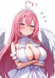 Rule 34 | 1girl, ahoge, angel wings, aogiri koukou, arm under breasts, armband, bare shoulders, blush, breasts, choker, cleavage, closed mouth, collar, crossed arms, dress, feathered wings, flying sweatdrops, frilled armband, frilled dress, frills, frown, gabu rielu, gloves, hair between eyes, hashtag-only commentary, heart, heart ahoge, highres, huge breasts, long hair, looking at viewer, mochitsuki karen, pink choker, pink eyes, pink hair, purple ribbon, ribbon, simple background, solo, striped ribbon, sweat, tiara, virtual youtuber, white armband, white background, white collar, white dress, white gloves, white ribbon, white tiara, white wings, wings