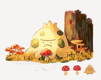 :< closed_mouth commentary_request frown gen_3_pokemon grass highres mushroom nintendo no_humans outdoors pokemon pokemon_(creature) pokemon_focus shroomish solo su_(sajo_su5)