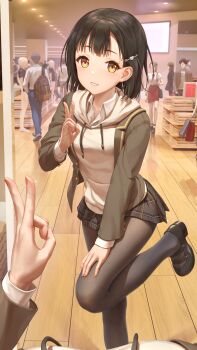 Rule 34 | 1girl, :d, absurdres, black footwear, black hair, black pantyhose, black skirt, blush, brown jacket, drawstring, female pov, hair ornament, hairclip, highres, himitsu (hi mi tsu 2), hina saori (himitsu), hood, hood down, hoodie, indoors, jacket, leg up, long sleeves, looking at mirror, mary janes, miniskirt, mirror, open clothes, open jacket, open mouth, original, pantyhose, parted lips, people, plaid clothes, plaid skirt, pov, shoes, short hair, skirt, smile, solo focus, standing, standing on one leg, white hoodie, wooden floor, yellow eyes