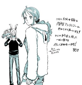 1girl 2boys absurdres antlers blush commentary_request cross curly_eyebrows facial_hair goatee greyscale hair_over_one_eye hat highres horns monochrome multiple_boys nami_(one_piece) on_shoulder one_piece ponytail reindeer_antlers sanji_(one_piece) shorts sidelocks tony_tony_chopper translation_request yao_yasan