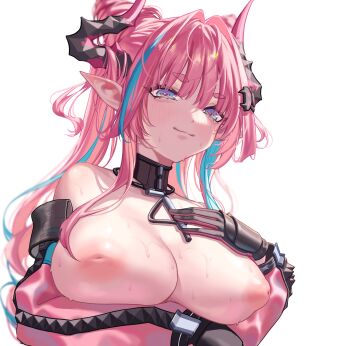 1girl absurdres arknights arknights:_endfield arm_under_breasts bare_shoulders blue_eyes breasts closed_mouth commentary cone_hair_bun cropped_jacket double_bun hair_bun highres horns inverted_nipples jacket lamb_ovis large_breasts long_hair looking_at_viewer open_clothes open_jacket pink_hair pink_jacket pointy_ears smile solo sweat topless_female twintails very_long_hair yvonne_(arknights)