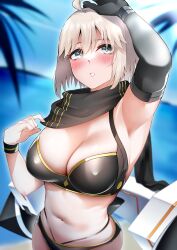 Rule 34 | 1girl, absurdres, ahoge, bare shoulders, bikini, black bikini, black bow, black gloves, black scarf, blonde hair, blush, bow, breasts, cleavage, fate/grand order, fate (series), gloves, grey eyes, hair bow, half updo, highres, jetpack, large breasts, len (hand linke), looking at viewer, okita j. souji (fate), okita j. souji (first ascension) (fate), okita souji (fate), scarf, short hair, solo, swimsuit