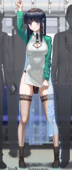 1girl adapted_costume arm_up black_hair black_neckwear black_panties blue_eyes blunt_bangs blush boots breasts cleavage cleavage_cutout clothing_cutout covered_erect_nipples dildo dress dress_tug exhibitionism faceless faceless_male fishnets full_body hair_ornament hair_ribbon handlebar highres kamegawara_nikuo lace lace-trimmed_legwear lace_trim large_breasts long_hair long_sleeves looking_at_viewer mahouka_koukou_no_rettousei multiple_boys necktie panties public_indecency public_vibrator pussy_juice pussy_juice_drip pussy_juice_puddle ribbon school_uniform see-through_clothes sex_toy shiba_miyuki side_slit skin_tight snowflake_hair_ornament snowflake_print solo_focus standing sweat thighhighs train train_interior underwear vibrator vibrator_under_clothes vibrator_under_panties