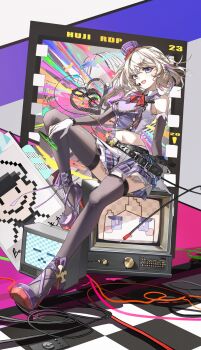 1girl :d azur_lane bare_shoulders belt black_belt blonde_hair blue_eyes blush braid breasts buttons cd commentary_request crt double-breasted full_body gloves happy hat high_heels highres holding_cd knee_up medium_breasts medium_hair microphone mini_hat miniskirt multicolored_hair multiple_belts my_neighbor_totoro_yerby navel open_mouth pleated_skirt shirt single_braid sitting skirt sleeveless sleeveless_shirt smile solo streaked_hair television thighhighs white_gloves z23_(azur_lane) z23_(serious_idol_@acting_manager?!)_(azur_lane)