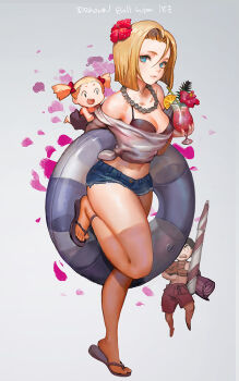 1boy 2girls :o android_18 anklet arm_grab bare_shoulders barefoot beach_umbrella bead_necklace beads bikini bikini_top_only bikini_under_clothes black_bikini black_eyes black_hair blonde_hair blue_eyes blue_shorts bow breasts brown_male_swimwear brown_swim_trunks buttons canking carrying carrying_under_arm character_name chibi cleavage closed_mouth closed_umbrella cocktail collarbone copyright_name crop_top cup cutoffs denim denim_shorts dragon_ball dragonball_z drink drinking_glass family flip-flops flower food fruit full_body glass grey_background hair_between_eyes hair_bow hair_flower hair_ornament hibiscus holding holding_cup holding_drinking_glass hurricane_glass innertube jewelry juice kuririn large_breasts leg_up long_hair looking_at_another looking_at_viewer male_swimwear marron_(dragon_ball) midriff multiple_girls nail_polish navel necklace no_socks off-shoulder_shirt off_shoulder orange_(fruit) orange_slice petals red_bow red_flower red_nails sandals shirt short_hair short_shorts shorts side-tie_shirt simple_background standing standing_on_one_leg stomach striped_bikini striped_clothes swim_ring swim_trunks swimsuit tied_shirt toenails topless_male transparent tropical_drink twintails umbrella