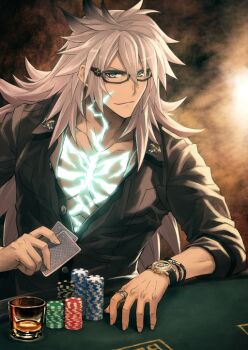 1boy black-framed_eyewear black_shirt bracelet brown_background buttons card cheek_tattoo chest_tattoo closed_mouth collarbone collared_shirt cup drinking_glass elbow_rest fate/grand_order fate_(series) glasses glowing glowing_tattoo green_eyes grey_hair hair_between_eyes holding holding_card jewelry konoe_ototsugu long_hair looking_at_viewer male_focus neck_tattoo official_art partially_unbuttoned pectorals playing_card poker_chip ring shirt sidelocks siegfried_(fate) siegfried_(super_cool_biz)_(fate) smile solo table tattoo third-party_source three-quarter_sleeves upper_body watch wing_collar wristwatch