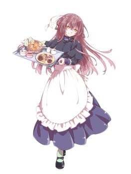 Rule 34 | 1girl, anna sehnsucht, apron, basket, biscuit (bread), black dress, brown hair, choker, dairoku ryouhei, dress, flower choker, full body, hair ribbon, highres, holding, holding tray, long hair, long sleeves, maid apron, mary janes, momenko (tw), puffy long sleeves, puffy sleeves, ribbon, shoes, smile, solo, standing, transparent background, tray, white ribbon, yellow eyes