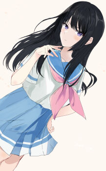 Rule 34 | 1girl, black hair, blue sailor collar, blue skirt, commentary request, hand on own hip, hand up, hibike! euphonium, highres, kitauji high school uniform, kousaka reina, long hair, looking at viewer, miniskirt, neckerchief, parted lips, pink neckerchief, pleated skirt, purple eyes, sailor collar, school uniform, serafuku, shirt, short sleeves, sierra (sierra s252), simple background, skirt, solo, summer uniform, white background, white shirt