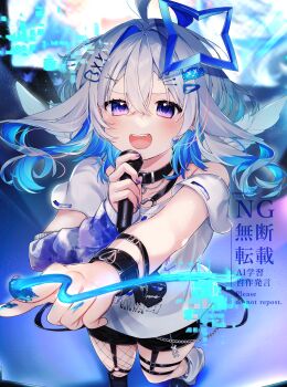 Rule 34 | 1girl, absurdres, ahoge, amane kanata, amane kanata (cutesy punk), angel wings, animal ears, asymmetrical legwear, belt, black belt, black choker, black shoes, black shorts, black socks, blue bow, blue hair, blush, bow, character print, choker, clenched hand, closed eyes, closed mouth, colored inner hair, commentary request, drawstring, eme (emeralda), fake animal ears, fishnet pantyhose, fishnets, gradient hair, grey hair, hair between eyes, hair ornament, hairclip, halo, highres, holding, holding microphone, hololive, jewelry, looking at viewer, microphone, mismatched legwear, multicolored hair, nail polish, off shoulder, pantyhose, print shirt, self character print, shirt, shoes, short hair, shorts, single fishnet legwear, smile, socks, solo, star halo, thigh strap, virtual youtuber, watermark, white bow, white shirt, wings, x hair ornament, zipper