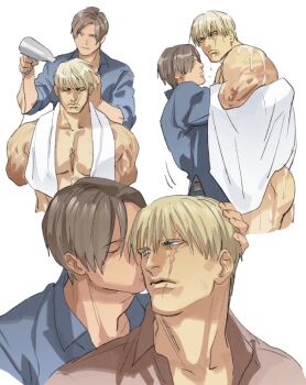 2boys ass bara blonde_hair blue_shirt brown_hair brown_shirt closed_eyes closed_mouth couple jack_krauser large_pectorals leon_s._kennedy male_focus multiple_boys muscular muscular_male naked_towel pectorals resident_evil resident_evil_4 scar scar_across_eye scar_on_face shirt short_hair tatsumi_(psmhbpiuczn) towel yaoi