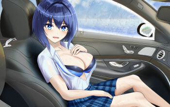 bikini bikini_under_clothes blue_eyes blue_hair blue_skirt blush bra bra_peek breasts car_interior cleavage dolphin_wave hand_on_own_chest hand_on_own_crotch highres kirishima_uniform looking_at_viewer open_clothes open_mouth open_shirt pov rain see-through_clothes shirt short_hair skirt swimsuit swimsuit_under_clothes taraba_(redkingtaraba) tojou_michiru underwear wet wet_clothes wet_shirt white_shirt