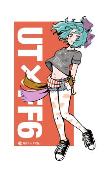 Rule 34 | 1girl, arms behind back, black shoes, blush, border, breasts, character charm, charm (object), closed mouth, denim, denim shorts, earrings, final fantasy, final fantasy vi, full body, green hair, grey shirt, hair ribbon, highres, jewelry, light smile, long hair, medium breasts, merchandise, midriff, miri (mirik), moogle, navel, pantyhose, pink nails, ponytail, print pantyhose, print shirt, purple eyes, purple ribbon, red background, ribbon, sash, shirt, shoes, short shorts, shorts, sneakers, solo, standing, t-shirt, tina branford, twitter username, waist sash, wavy hair, white border