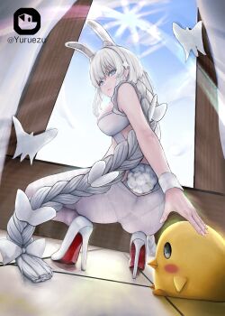 1girl absurdres animal_ears ass azur_lane colored_shoe_soles commentary_request high_heels highres le_malin_(azur_lane) le_malin_(listless_lapin)_(azur_lane) playboy_bunny rabbit_tail tail white_hair