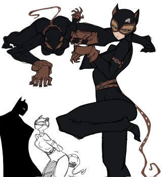 1boy 1girl :&lt; batman batman_(series) black_bodysuit bodysuit catwoman dc_comics highres leaning_forward multiple_views one_leg_raised simple_background t1tans90 tagme white_background