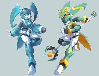 android aqua_hair arm_cannon blue_eyes breasts colored_sclera colored_skin green_eyes green_hair green_sclera highres holding holding_weapon humanoid_robot jenny_wakeman looking_at_viewer mega_man_(series) mega_man_zero_(series) mega_man_zx my_life_as_a_teenage_robot open_mouth parody polearm robot robot_girl style_parody trident twintails ultimatemaverickx weapon white_skin