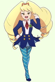 1girl blonde_hair blue_dress blue_pantyhose bow dress drill_hair green_eyes hair_bow kika_tohoku long_hair looking_at_viewer luna_platz_(mega_man) mega_man_(series) mega_man_star_force_(series) open_mouth pantyhose simple_background smile striped_clothes striped_pantyhose twin_drills very_long_hair