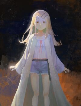 1girl arms_at_sides belt black_belt blonde_hair brown_robe camisole colored_eyelashes commentary denim denim_shorts feet_out_of_frame flipped_hair gakuen_idolmaster grass hair_ornament hairclip highres idolmaster long_hair long_sleeves looking_at_viewer midriff night open_clothes open_robe orange_eyes outdoors parallel_hairclips parted_lips red_ribbon ribbon robe rope_belt shinosawa_hiro short_shorts shorts sidelighting sky solanoko solo standing star_(sky) starry_sky tome_of_the_night_sky white_camisole wide_sleeves