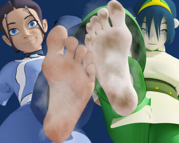 3d avatar:_the_last_airbender avatar_legends barefoot happy katara leaning_forward leg_lift smile spread_legs stepped_on toph_beifong
