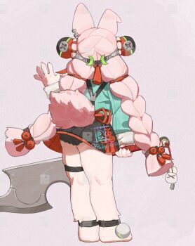 1girl animal_ear_piercing animal_ears animal_feet anklet black_panties braid braided_twintails charm_(object) chinese_clothes commentary_request from_behind full_body furry furry_female green_shirt holding holding_sword holding_weapon jewelry long_hair panties pink_background pink_fur pink_hair rabbit_ears rabbit_girl rabbit_tail screw shirt solo sou_(pale_1080) sword tail too_many_watermarks twintails twitter_username underwear watermark waving weapon zenless_zone_zero zhao_(zenless_zone_zero)