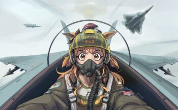 1boy 1girl absurdres aircraft airplane animal_ears bomber_jacket bow breasts cockpit crop_top dog_tags ear_bow ear_ribbon fighter_jet flying green_jacket hair_between_eyes helmet highres horse_ears horse_girl jacket long_hair long_sleeves looking_at_viewer mada_fadaz mask mayano_top_gun_(scramble_zone)_(umamusume) mayano_top_gun_(umamusume) military_vehicle open_clothes open_jacket orange_eyes orange_hair oxygen_mask pete_&quot;maverick&quot;_mitchell pilot pilot_helmet shirt sky top_gun top_gun:_maverick umamusume