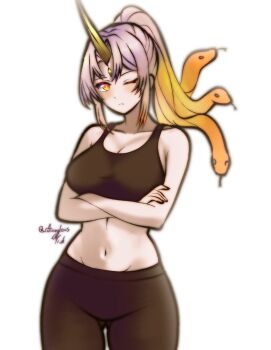 1girl alternate_costume alternate_hairstyle arms_under_breasts bare_shoulders blush breasts cleavage collarbone commission crossed_arms fire_emblem fire_emblem_heroes gluteal_fold gullveig_(fire_emblem) horns ko-fi_commission large_breasts navel nintendo one_eye_closed pants ponytail rotomdocs signature single_horn snake_hair solo sports_bra sportswear stomach white_background yoga_pants