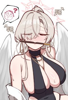 1boy 1girl angel_wings black_one-piece_swimsuit blue_archive breasts doodle_sensei_(blue_archive) feathered_wings food halo highres large_breasts malsan nagisa_(blue_archive) nagisa_(swimsuit)_(blue_archive) official_alternate_hairstyle one-piece_swimsuit pocky pocky_kiss sensei_(blue_archive) shared_food swimsuit translation_request white_wings wings