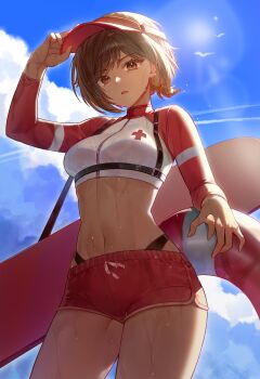 Rule 34 | 1girl, absurdres, alternate costume, blue sky, dark-skinned female, dark skin, dolphin shorts, highres, holding, holding swim ring, innertube, lifeguard, limbus company, navel, outis (project moon), project moon, ranya (artiraia), red shorts, red visor, shorts, sky, solo, swim ring