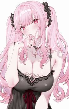 1girl absurdres bare_shoulders black_choker black_nightgown breasts choker cleavage empire_waist highres hololive hololive_english kamiya_maneki large_breasts long_hair looking_at_viewer mori_calliope mori_calliope_(sleepwear) nightgown official_alternate_costume official_alternate_hairstyle pendant_choker pink_eyes pink_hair sidelocks simple_background sleepwear solo twintails upper_body virtual_youtuber white_background