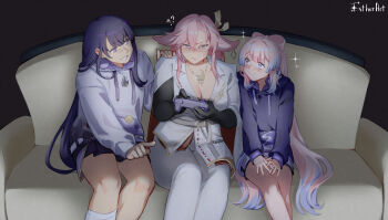 3girls ? ?? absurdres alternate_breast_size_(larger) alternate_costume alternate_universe angry annoyed artist_name black_background blunt_bangs bow breasts cleavage clenched_teeth closed_mouth collared_jacket commentary commission confused contemporary controller couch english_commentary estherart0 friends game_controller genshin_impact gradient_hair hair_between_eyes hair_bow hair_down hair_ornament hand_on_another's_shoulder head_tilt highres holding holding_controller holding_game_controller hood hood_down hoodie index_finger_raised indoors jacket jewelry large_breasts leaning_on_person leaning_to_the_side light_smile long_hair long_sleeves looking_at_viewer looking_to_the_side mole mole_under_eye multicolored_eyes multicolored_hair multiple_girls necklace official_alternate_costume on_couch pants pink_hair playing_games pointing purple_eyes purple_hair purple_hoodie raiden_shogun raiden_shogun_(2nd_anniversary) sangonomiya_kokomi shade sitting skirt smile socks sparkle sparkling_aura sweatdrop teeth thick_arms video_game white_jacket white_pants white_socks yae_miko yae_miko_(2nd_anniversary) yuri