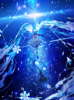 1girl blue_scarf blue_theme commentary constellation detached_sleeves dress facing_away fish floating_hair from_behind hatsune_miku highres liquid_hair long_hair makoron117117 scarf short_dress snowflakes twintails very_long_hair vocaloid yuki_miku