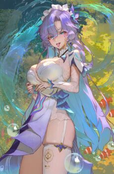1girl blue_eyes blue_flower blue_hair breasts bubble cantarella_(wuthering_waves) colored_inner_hair commentary cowboy_shot dress earrings fish flower hair_between_eyes hair_flower hair_ornament headdress jewelry large_breasts long_hair looking_at_viewer multicolored_hair open_mouth purple_hair shrug_(clothing) sib_(9obsl) single_thighhigh skindentation smile solo tacet_mark_(wuthering_waves) thighhighs thighs tongue tongue_out very_long_hair white_dress white_shrug white_thighhighs wuthering_waves