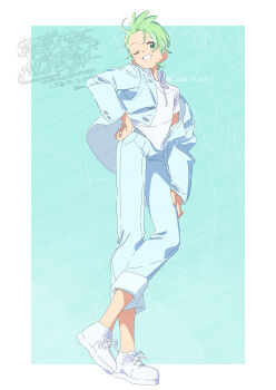 1boy artist_name blue_background blue_jacket blue_pants border cilan_(pokemon) collared_shirt full_body green_eyes green_hair grin hand_on_own_hip highres jacket long_sleeves looking_at_viewer male_focus nintendo one_eye_closed open_clothes open_jacket outside_border pants pokemon pokemon_bw serizawa_serizane shirt shoes short_hair short_sleeves smile sneakers solo standing twitter_username watermark white_border white_shirt white_shoes