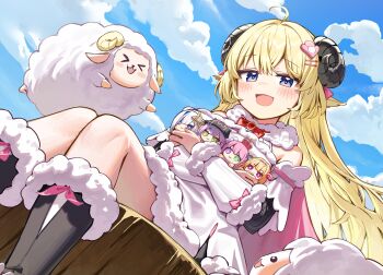 >_< 1girl absurdres ahoge amane_kanata animal_ears black_shoes blush character_name deaver doll dress fur-trimmed_dress fur_trim hair_ornament hairpin highres himemori_luna holding holding_doll hololive horns kiryu_coco long_hair looking_at_viewer open_mouth purple_eyes sheep_ears sheep_girl sheep_horns shoes smile solo tokoyami_towa tsunomaki_watame tsunomaki_watame_(1st_costume) very_long_hair virtual_youtuber watamate white_dress