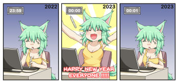 3koma absurdres artist_self-insert bare_shoulders chair comic drawing_tablet english_text green_hair greenteaneko greenteaneko-chan happy_new_year highres monitor new_year original tank_top yellow_tank_top