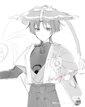 1boy arm_at_side blunt_ends bodysuit bow cape closed_mouth cnorkie expressionless eyeliner eyeshadow feathers gem genshin_impact greyscale hand_up hat highres japanese_clothes jingasa juban kimono looking_at_viewer makeup male_focus monochrome open_clothes open_kimono pom_pom_(clothes) red_eyeliner red_eyeshadow scaramouche_(genshin_impact) scene_reference short_sleeves shorts sketch solo spot_color tsurime turtleneck turtleneck_bodysuit twitter_username upper_body vision_(genshin_impact) vortex wanderer_(genshin_impact) watermark wispy_bangs