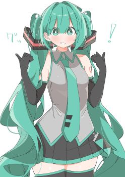 Rule 34 | !, 1girl, absurdres, aqua eyes, aqua hair, aqua necktie, aqua trim, bare shoulders, black gloves, black skirt, black thighhighs, blush, breasts, bright pupils, collared shirt, cowboy shot, double thumbs up, elbow gloves, gloves, grey shirt, grin, hair intakes, hair ornament, hands up, hatsune miku, highres, long hair, looking at viewer, medium breasts, miniskirt, necktie, no nose, pleated skirt, raised eyebrows, shirt, simple background, skirt, sleeveless, sleeveless shirt, smile, solo, thighhighs, thighs, thumbs up, tie clip, translated, twintails, uruti 2388, very long hair, vocaloid, white background, white pupils, zettai ryouiki