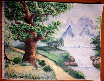 absurdres commentary day english_commentary highres landscape maitian_(edsr3775) mountain no_humans original outdoors painting_(medium) path photo_(medium) river road scenery traditional_media tree water watercolor_(medium) waterfall