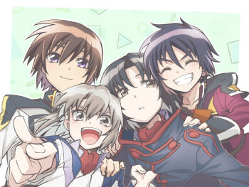 4boys alvis_uniform ascot black_coat black_hair brown_eyes brown_hair closed_eyes coat commentary_request grin gundam gundam_seed gundam_seed_destiny hand_on_another's_shoulder jacket kira_yamato looking_at_viewer makabe_kazuki male_focus minashiro_soushi_(2) multiple_boys nagi_(exsit00) pointing pointing_at_viewer ponytail purple_eyes red_ascot shinn_asuka smile soukyuu_no_fafner teeth upper_body zaft_uniform