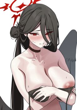 Rule 34 | 1girl, absurdres, afro (afrodite ja), bikini, black bikini, black choker, black wings, blue archive, breasts, choker, hair between eyes, halo, hasumi (blue archive), hasumi (swimsuit) (blue archive), highres, inverted nipples, large breasts, long hair between eyes, low wings, mole, mole under eye, nipples, official alternate costume, red halo, solo, swimsuit, upper body, wings