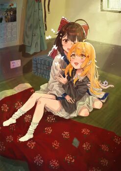 Rule 34 | 2girls, absurdres, ahoge, alternate costume, black shirt, blanket, blonde hair, bloomers, blueman&amp;alinla, bow, brown hair, calendar (object), coat, commentary, frilled bow, frills, hair bow, hair ornament, hakurei reimu, highres, indoors, japanese clothes, kimono, kirisame marisa, long hair, long sleeves, loose socks, magic, multiple girls, no shoes, on floor, open mouth, red bow, red eyes, shirt, sitting, smile, socks, star (symbol), star hair ornament, touhou, underwear, unworn coat, white bow, white kimono, white socks, yellow eyes, yuri