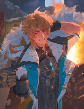 1boy alcohol arm_behind_head arm_up armor beer black_shirt blonde_hair bonfire closed_eyes commentary_request cross_scar cup facial_scar facing_viewer fire foam foam_mustache full_moon gauntlets genshin_impact grin highres holding holding_cup male_focus miaooon moon night outdoors pauldrons scar scar_on_arm scar_on_cheek scar_on_face shirt short_hair shoulder_armor single_gauntlet single_pauldron smile solo tankard upper_body varka_(genshin_impact)
