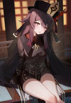 1girl adversarial_noise black_hat black_nails brown_hair chinese_clothes flower flower-shaped_pupils genshin_impact hair_between_eyes hat hat_flower highres hu_tao_(genshin_impact) long_hair looking_at_viewer porkpie_hat red_eyes shaoviie shorts sitting solo symbol-shaped_pupils tailcoat