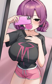 1girl absurdres black_eyes black_shirt black_survival blank_stare blowing_bubbles breasts cellphone chewing_gum covering_one_eye cowboy_shot dolphin_shorts double_bun drawstring empty_eyes eternal_return:_black_survival hair_bun hand_on_own_chest hand_up headphones highres holding holding_phone large_breasts long_hair looking_at_viewer nia_heller parted_bangs phone pink_shorts purple_hair shirt short_shorts short_sleeves shorts smartphone solo ziro_(zirorong)