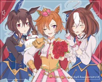 Rule 34 | 3girls, ;d, admire vega (umamusume), ahoge, animal ears, anniversary, bag, between breasts, blue dress, blue ribbon, bouquet, breasts, brown hair, cake, center frills, closed eyes, commentary request, crown, curtains, dress, flower, flying sweatdrops, food, frills, grey necktie, hair between eyes, hair ribbon, hairband, highres, holding, holding bouquet, horse ears, large breasts, long hair, long sleeves, low ponytail, meisho doto (turbulent blue) (umamusume), meisho doto (umamusume), mini crown, multicolored hair, multiple girls, necktie, one eye closed, open mouth, party popper, pink hairband, ponytail, puffy long sleeves, puffy sleeves, red eyes, red flower, red rose, ribbon, rose, shirt, shoulder bag, smile, strap between breasts, t.m. opera o (o sole suo!) (umamusume), t.m. opera o (umamusume), two-tone hair, umamusume, usako (umauma0602), very long hair, wavy mouth, white hair, white shirt