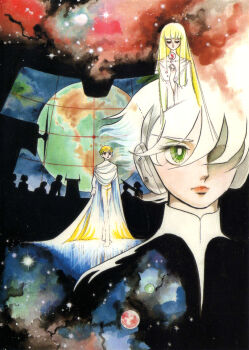 1970s_(style) 1girl blonde_hair cape earth_(planet) green_eyes headgear highres hime_cut jomy_marquis_shin long_hair multiple_boys nebula official_art oldschool physis planet retro_artstyle scan science_fiction screen sky soldier_blue space star_(sky) starry_sky takemiya_keiko toward_the_terra traditional_media tunic very_long_hair