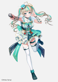 1girl ahoge amau_syrup aqua_boots aqua_hair aqua_skirt aqua_streaks arm_ribbon back_bow blonde_hair blue_hat blush boots bow bow_earrings breasts brown_hair character_name commentary_request copyright_notice criss-cross_ribbon deca_purio earrings facial_mark fishnet_thighhighs fishnets fold-over_boots frilled_skirt frills full_body grey_background grin halo hand_up hat heart heart_ahoge heart_facial_mark high-waist_skirt high_heel_boots high_heels highres holding holding_microphone idol indie_virtual_youtuber jewelry large_bow layered_skirt long_hair looking_at_viewer mark_under_eye medium_breasts microphone mini_hat mismatched_earrings multicolored_hair ribbon see-through_clothes see-through_sleeves shirt short_sleeves simple_background skirt smile solo standing standing_on_one_leg streaked_hair striped_clothes striped_shirt thigh_strap thighhighs tight_clothes tilted_halo tilted_headwear traditional_halo twintails underbust vertical-striped_clothes vertical-striped_shirt virtual_youtuber white_shirt white_skirt white_thighhighs wing_earrings wrist_ribbon zettai_ryouiki