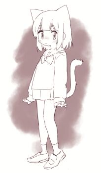 Rule 34 | 1girl, :|, animal ears, blunt bangs, border, bow, bowtie, brown background, cat ears, cat girl, cat tail, closed mouth, commentary request, expressionless, highres, lineart, long sleeves, looking at viewer, medium hair, miniskirt, naka (buttergirl 02), original, partial commentary, pleated skirt, puffy long sleeves, puffy sleeves, sailor collar, school uniform, serafuku, shirt, shoes, simple background, skirt, sleeves past wrists, socks, solo, tail, vignetting, white border, white shirt, white socks
