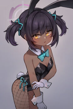 1girl aged_down alternate_breast_size_(smaller) alternate_hairstyle animal_ears black_hair black_leotard blue_archive bow bowtie breasts commentary dark-skinned_female dark_skin detached_collar fake_animal_ears fishnet_pantyhose fishnets gloves halo highres karin_(blue_archive) karin_(bunny)_(blue_archive) leotard miya_(miyaruta) official_alternate_costume pantyhose playboy_bunny rabbit_ears rabbit_tail small_breasts solo strapless strapless_leotard tail twintails white_gloves yellow_eyes
